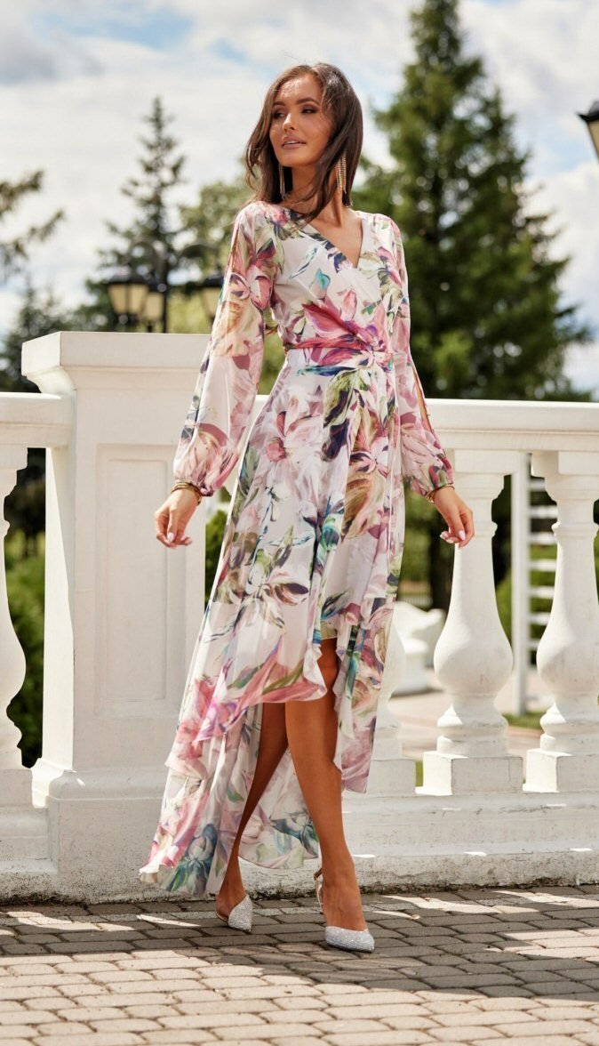 Roco Fashion Rochie din voal lunga ecru cu flori mari vaporoasa cu maneca lunga Sureya