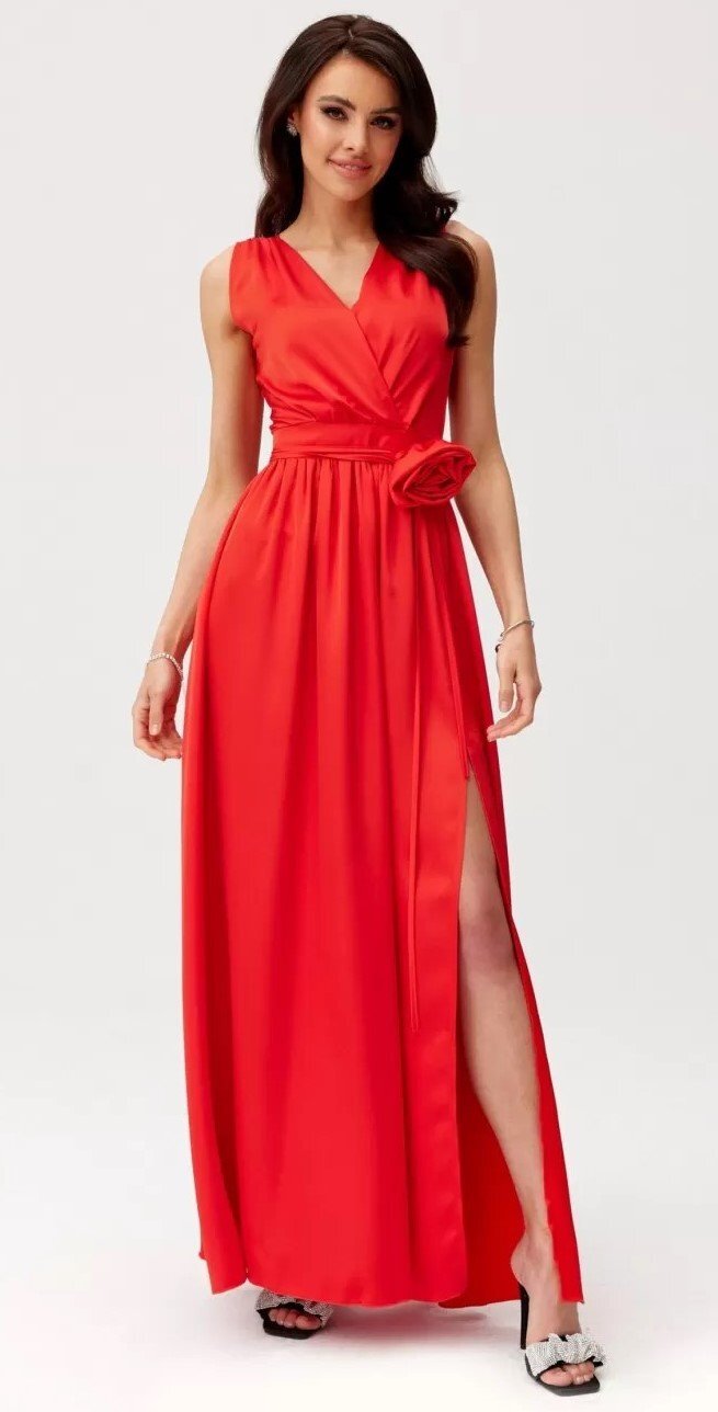 Roco Fashion Rochie eleganta lunga din satin rosie cu floare in talie PalomaR