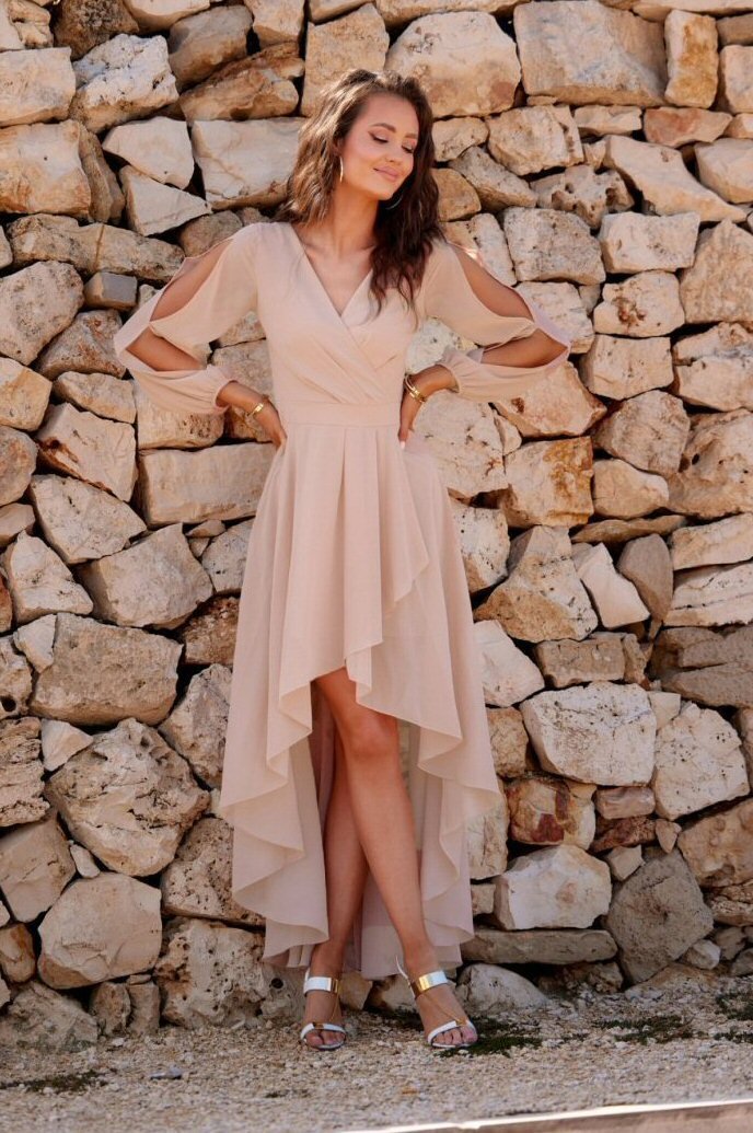 Roco Fashion Rochie eleganta lunga din voal bej vaporoasa cu maneca lunga Jessica