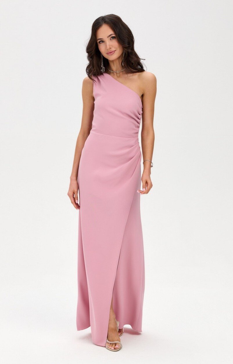 Roco Fashion Rochie eleganta lunga roz pudra cu un umar gol CelestiaR