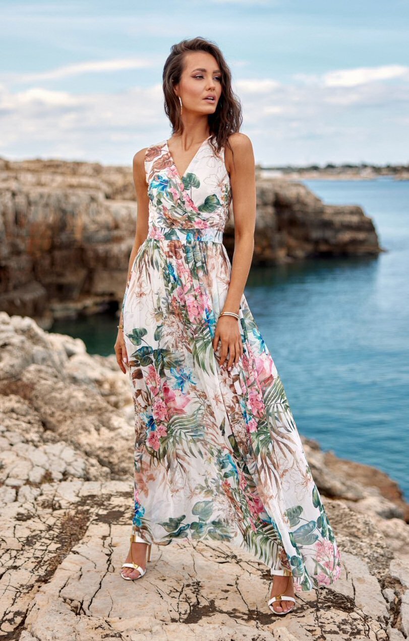 Roco Fashion Rochie lunga de vara din chiffon ecru cu flori multicolore vaporoasa Kosima