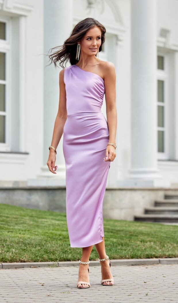 Roco Fashion Rochie lunga din satin lila cu un umar gol Lamia