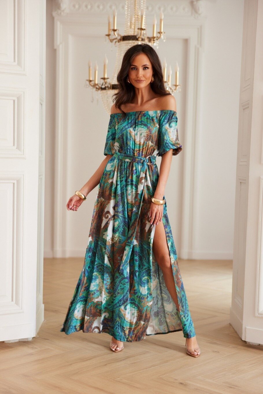 Roco Fashion Rochie lunga din vascoza turcoaz cu umerii goi MiaR