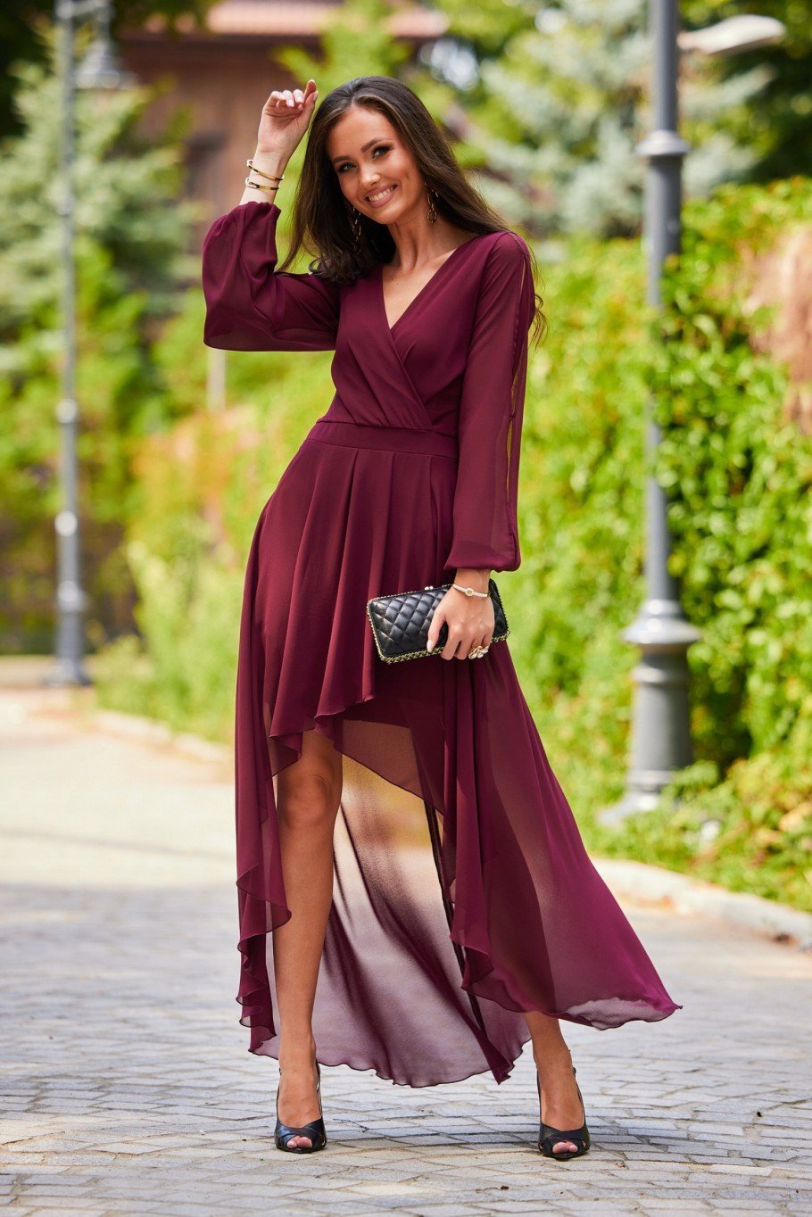Roco Fashion Rochie lunga din voal burgundy cu maneca lunga Jessica