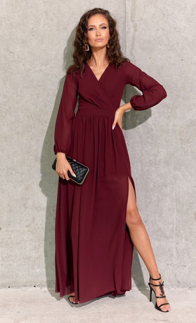 Roco Fashion Rochie lunga din voal chiffon burgundy vaporoasa cu maneca lunga Stella