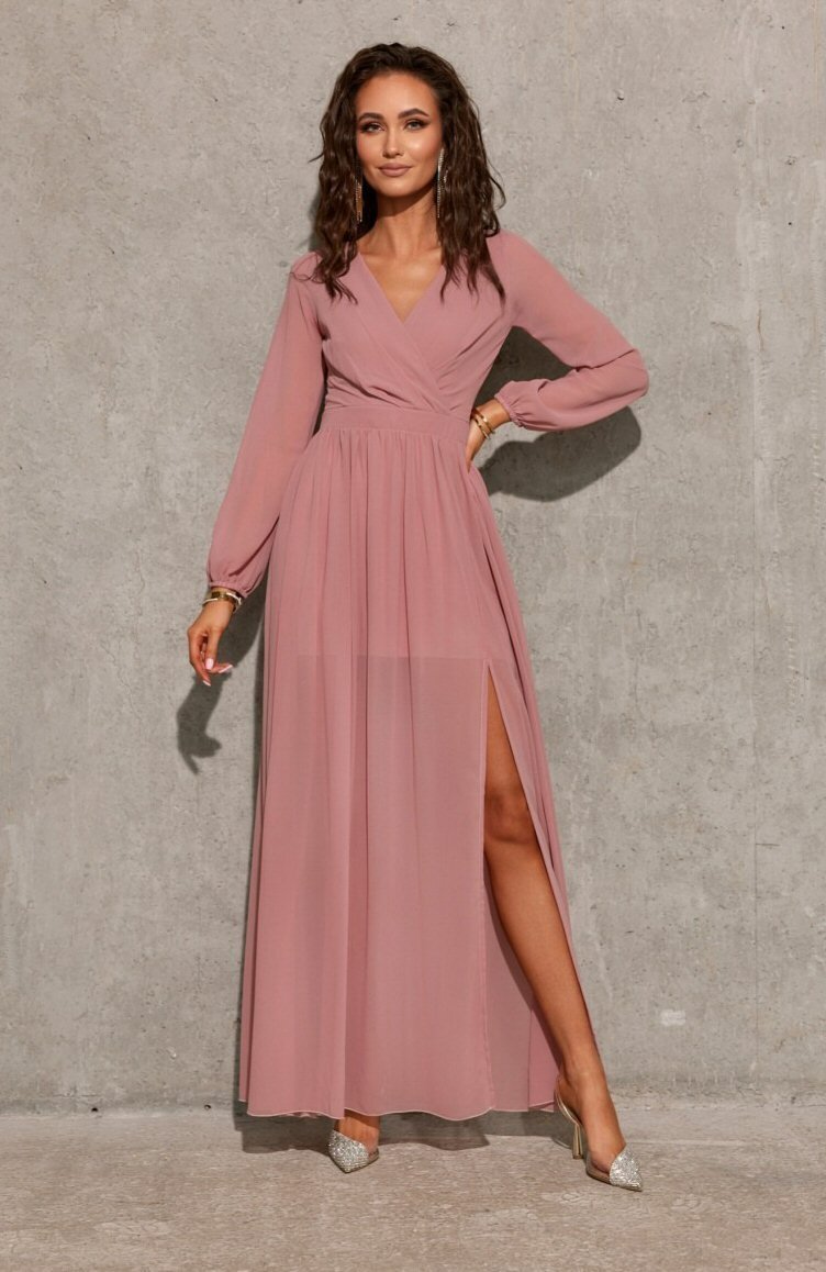 Roco Fashion Rochie lunga din voal chiffon roz pudra vaporoasa cu maneca lunga Stella