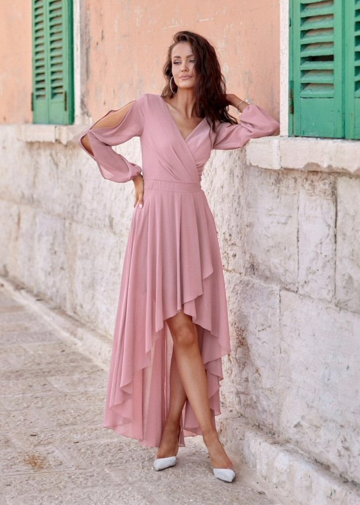 Roco Fashion Rochie lunga din voal roz prafuit vaporoasa cu maneca lunga Jessica