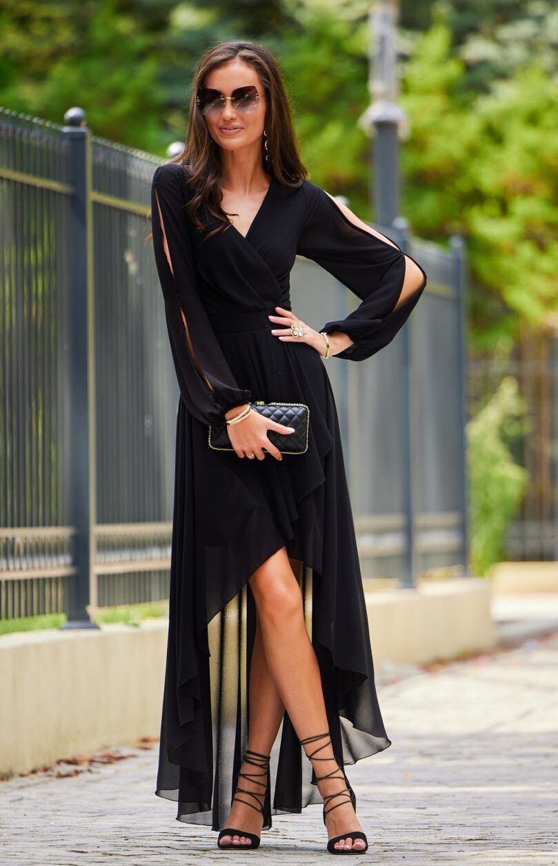 Roco Fashion Rochie lunga neagra din voal cu maneca lunga vaporoasa Jessica