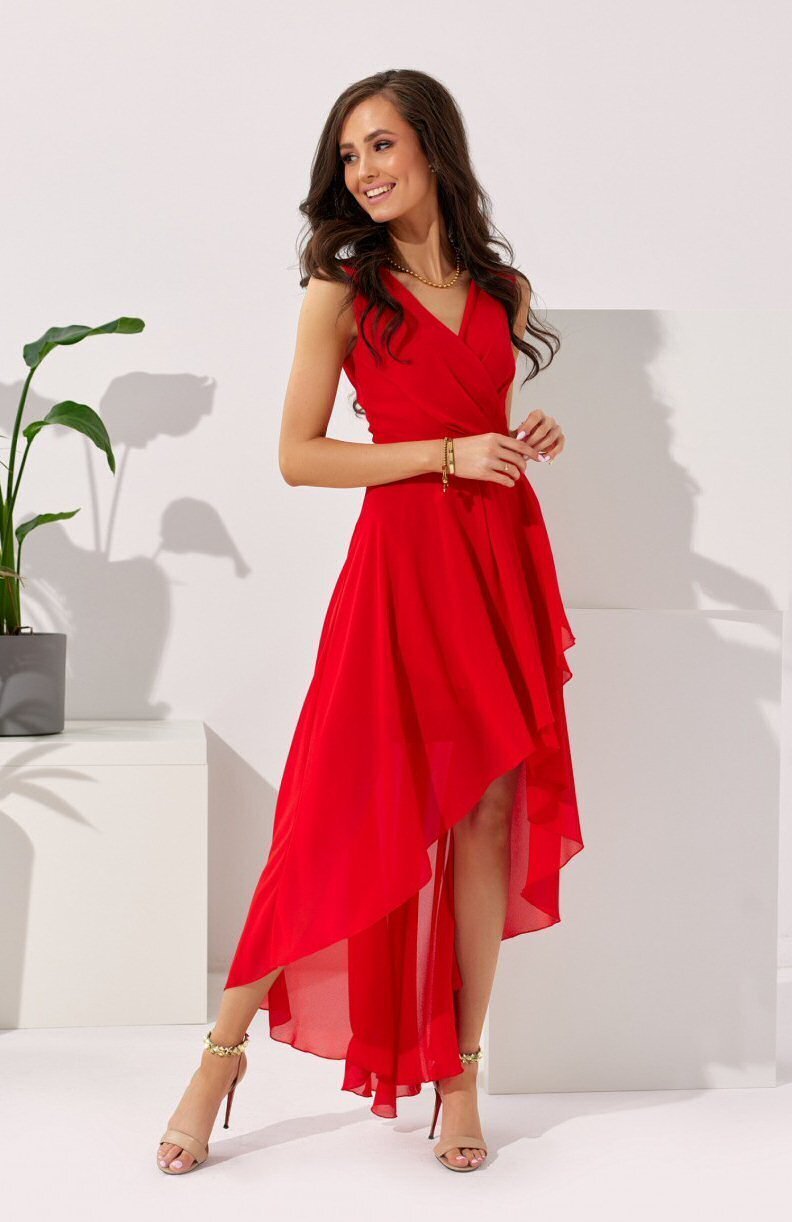Roco Fashion Rochie lunga rosie din voal asimetrica vaporoasa si petrecuta Fiona
