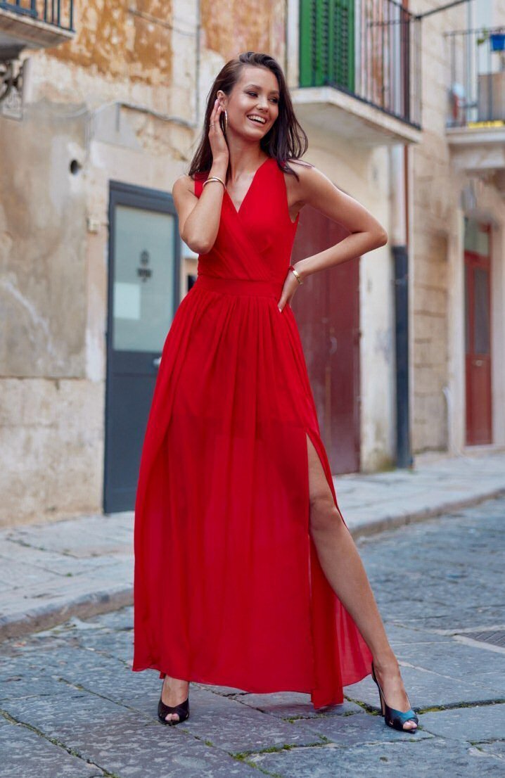 Roco Fashion Rochie lunga rosie din voal vaporoasa Yurianne
