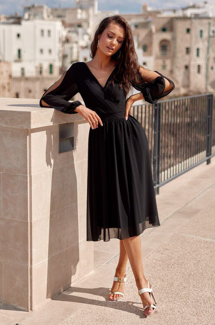 Roco Fashion Rochie midi neagra din voal cu maneca lunga vaporoasa Melen
