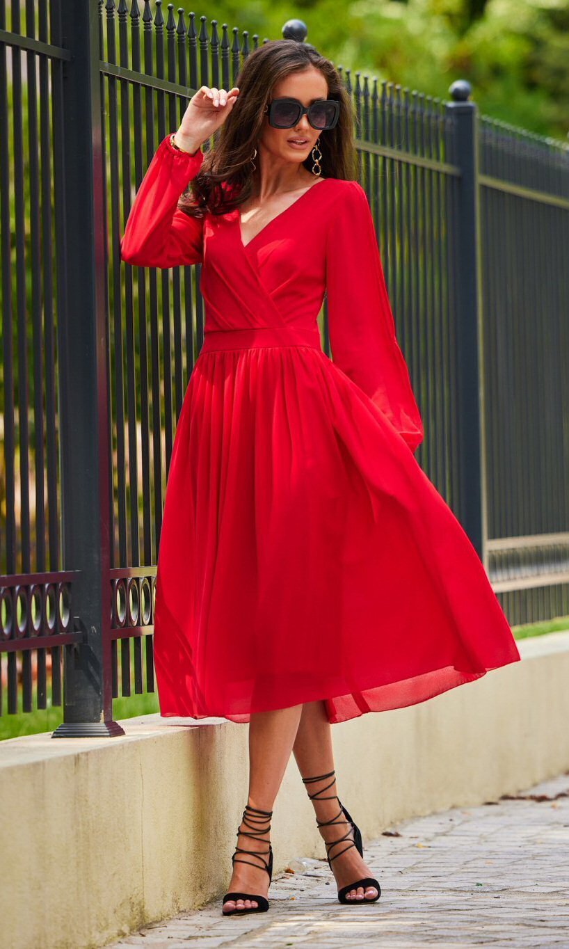 Roco Fashion Rochie rosie midi din voal vaporoasa cu maneca lunga Melen