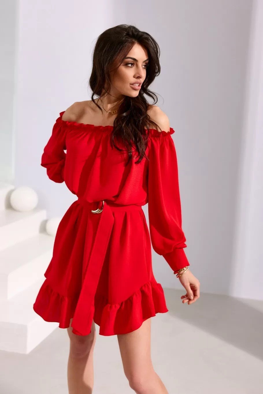 Roco Fashion Rochie rosie scurta cu volane si umeri goi Hilda