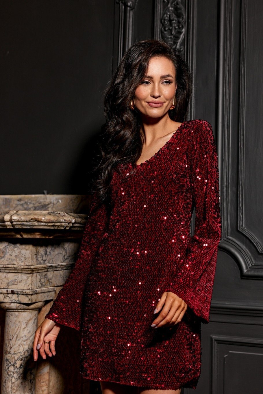 Roco Fashion Rochie scurta burgundy din paiete cu maneca lunga OpheliaR