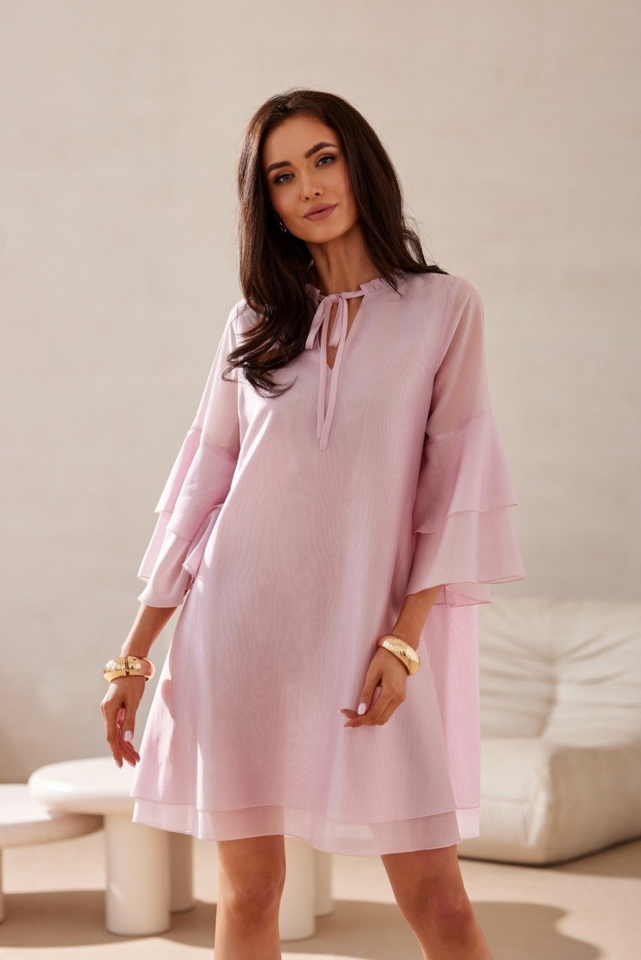 Roco Fashion Rochie scurta roz pal vaporoasa croi in A cu volane la maneca BeatriceR