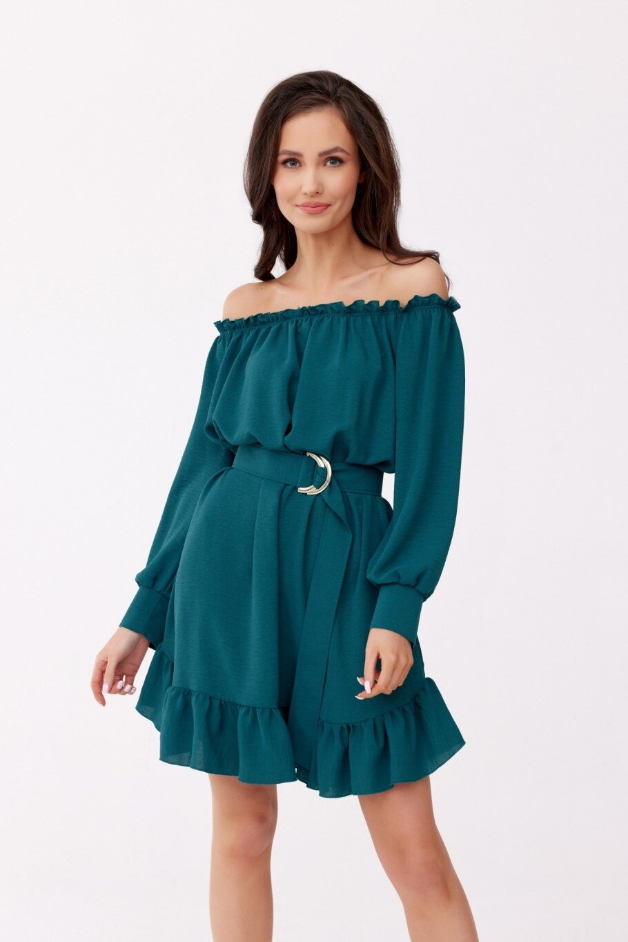 Roco Fashion Rochie verde scurta cu volane umeri goi si maneca lunga Hilda