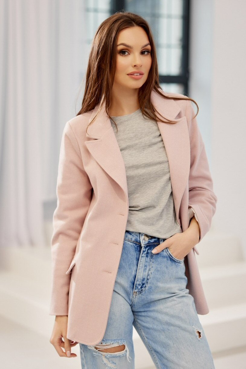 Roco Fashion Sacou dama elegant clasic roz pudra cu nasturi FreyaR