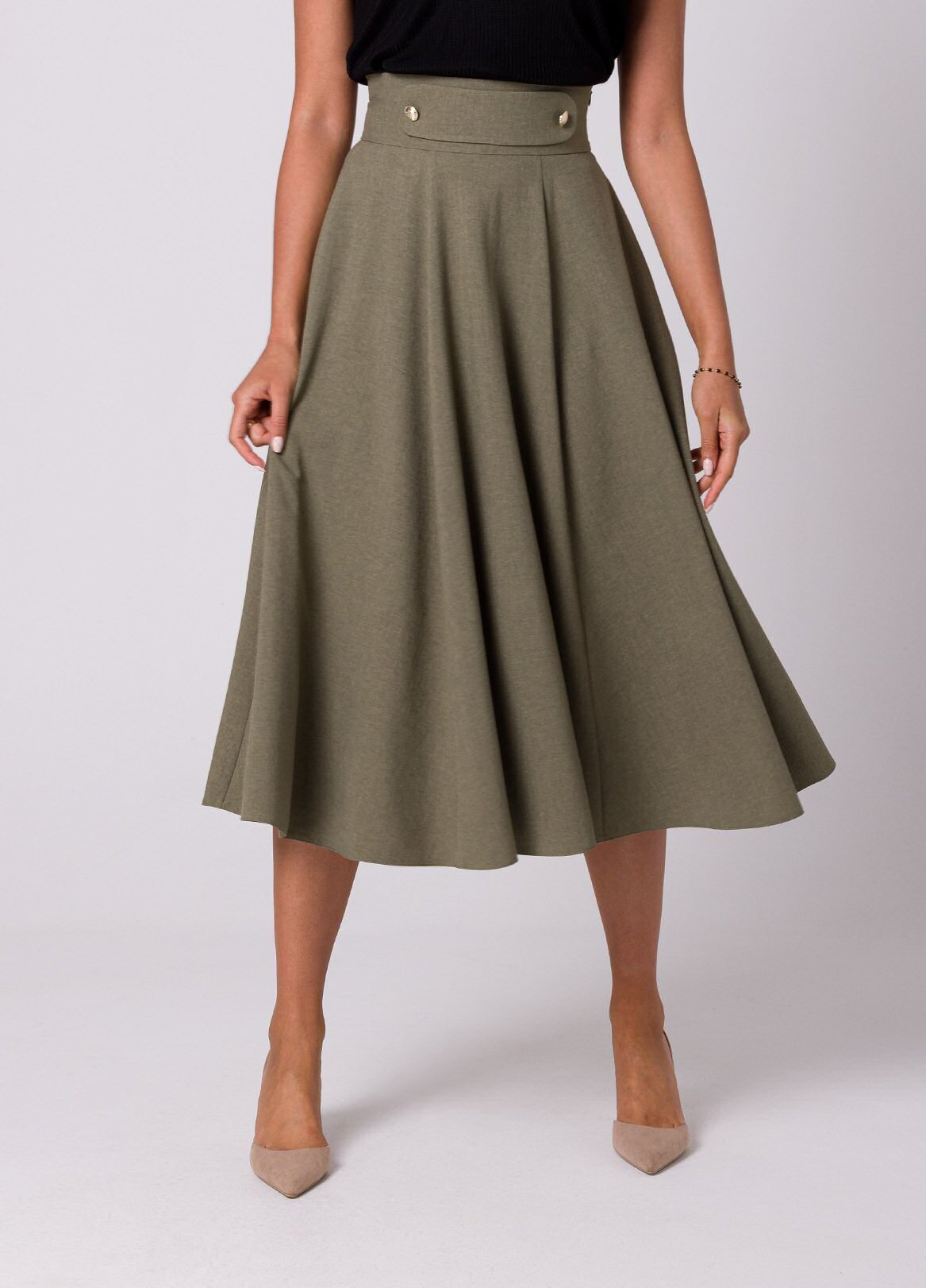 Style Fusta eleganta in clos midi kaki cu talia inalta Ninette
