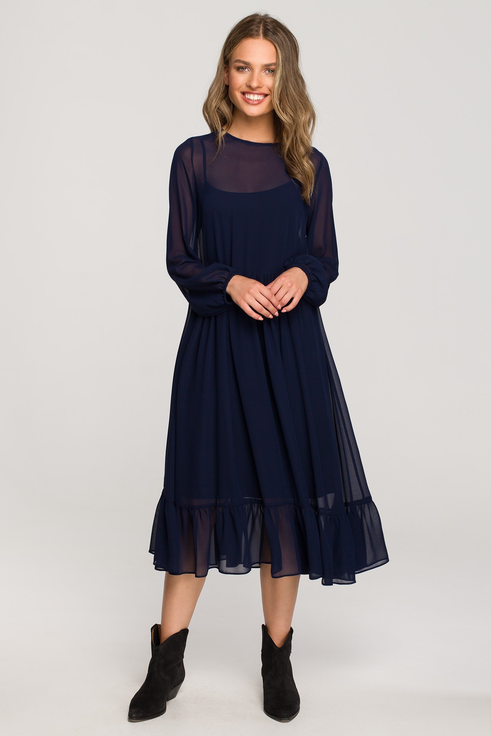 Style Rochie midi din chiffon bleumarin cu maneca lunga si volan Naira