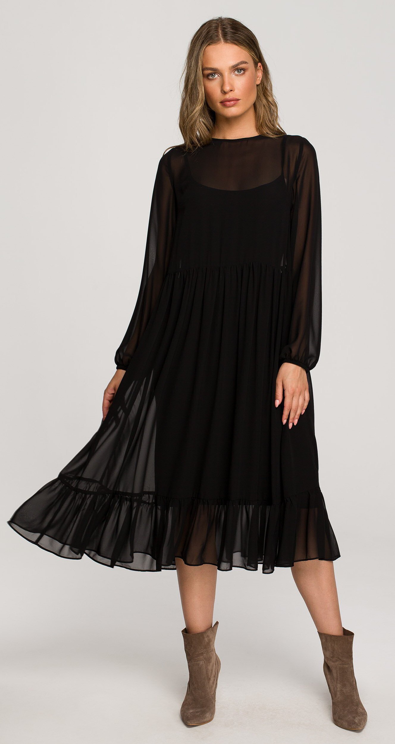 Style Rochie midi din chiffon neagra cu maneca lunga si volan Naira