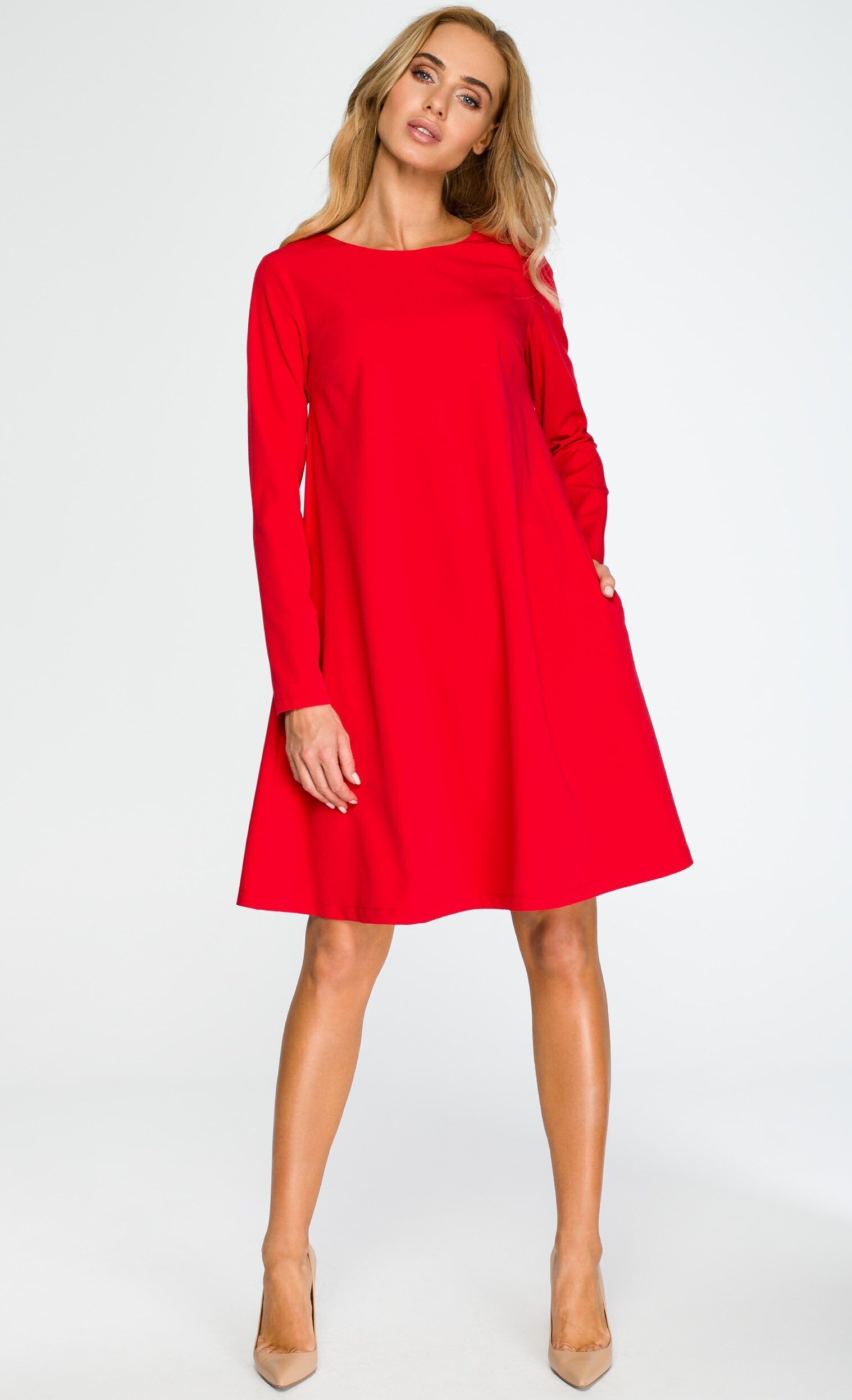 Style Rochie rosie midi evazata cu maneca lunga Aryena