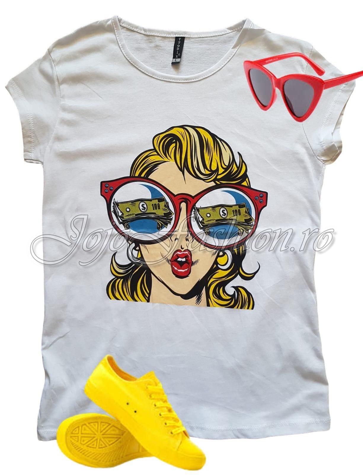  Tricou dama alb casual cu imprimeu colorat Anna