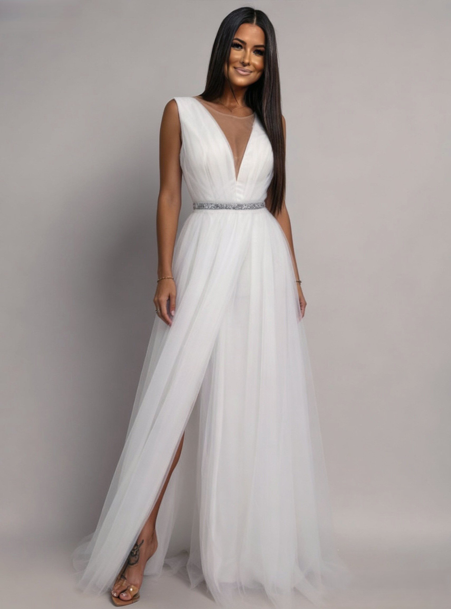 Vezuvio Rochie cununie civila alba lunga din tulle Adele1