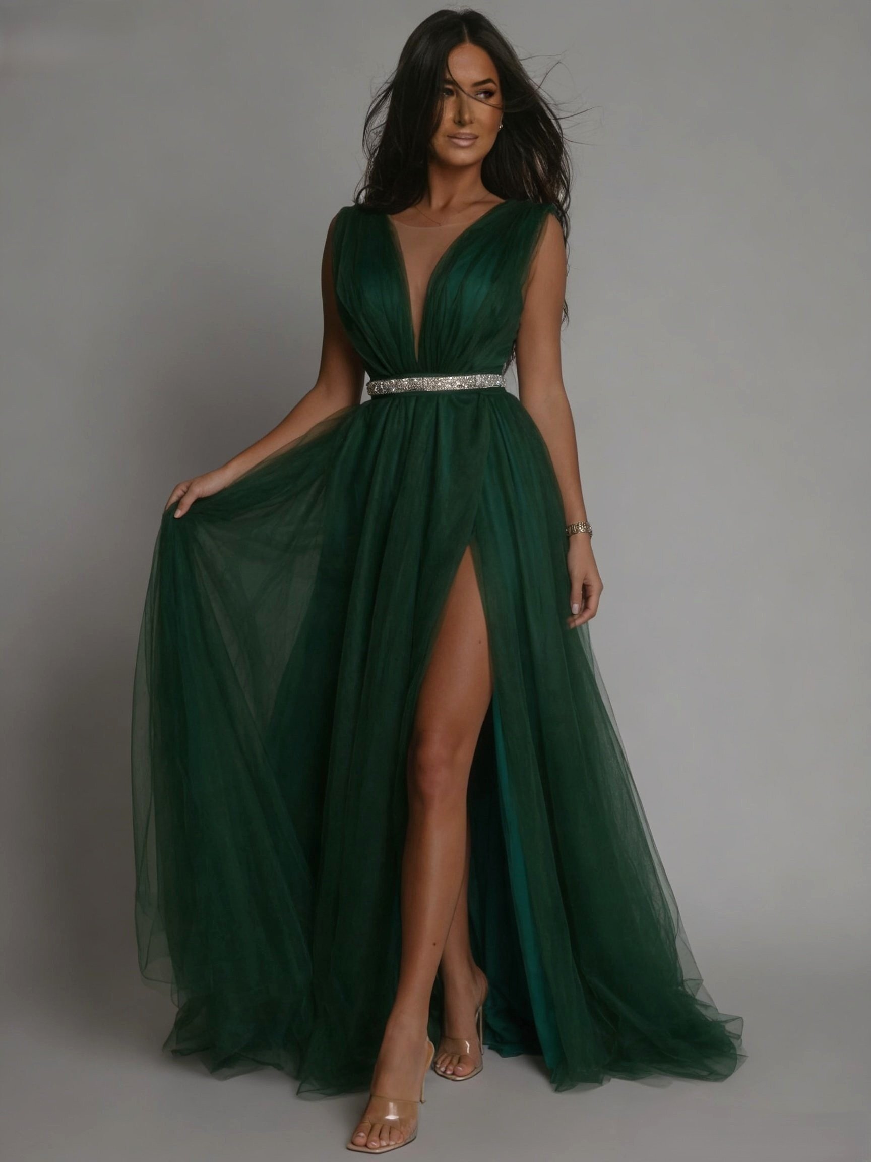 Vezuvio Rochie de seara eleganta lunga cu tul verde smarald Adele