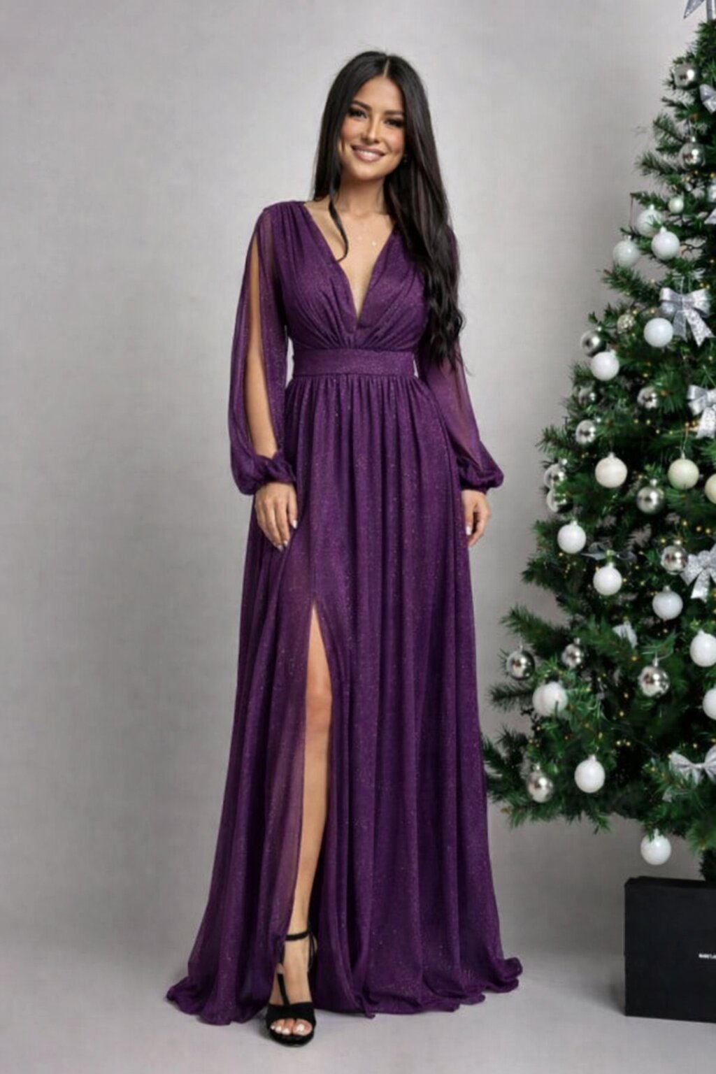Vezuvio Rochie de seara lunga vaporoasa mov cu maneca lunga Carolina