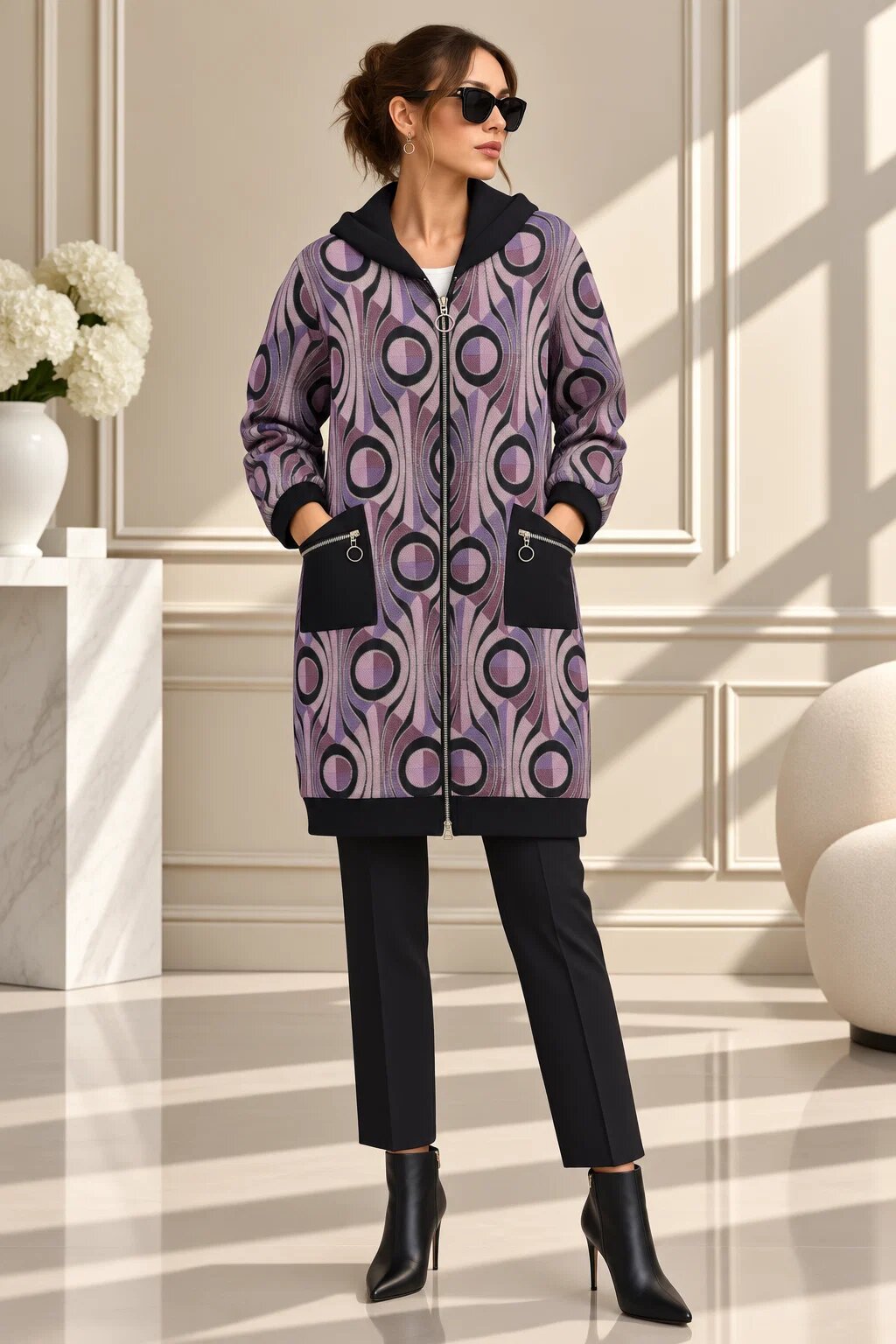 158C Cardigan oversize cu motive jacquard in nuante de mov gluga neagra si croi lejer stil urban-chic