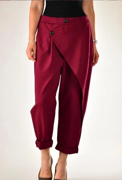 158C Pantaloni bordo cu pliuri si panou suprapus usor bufanti