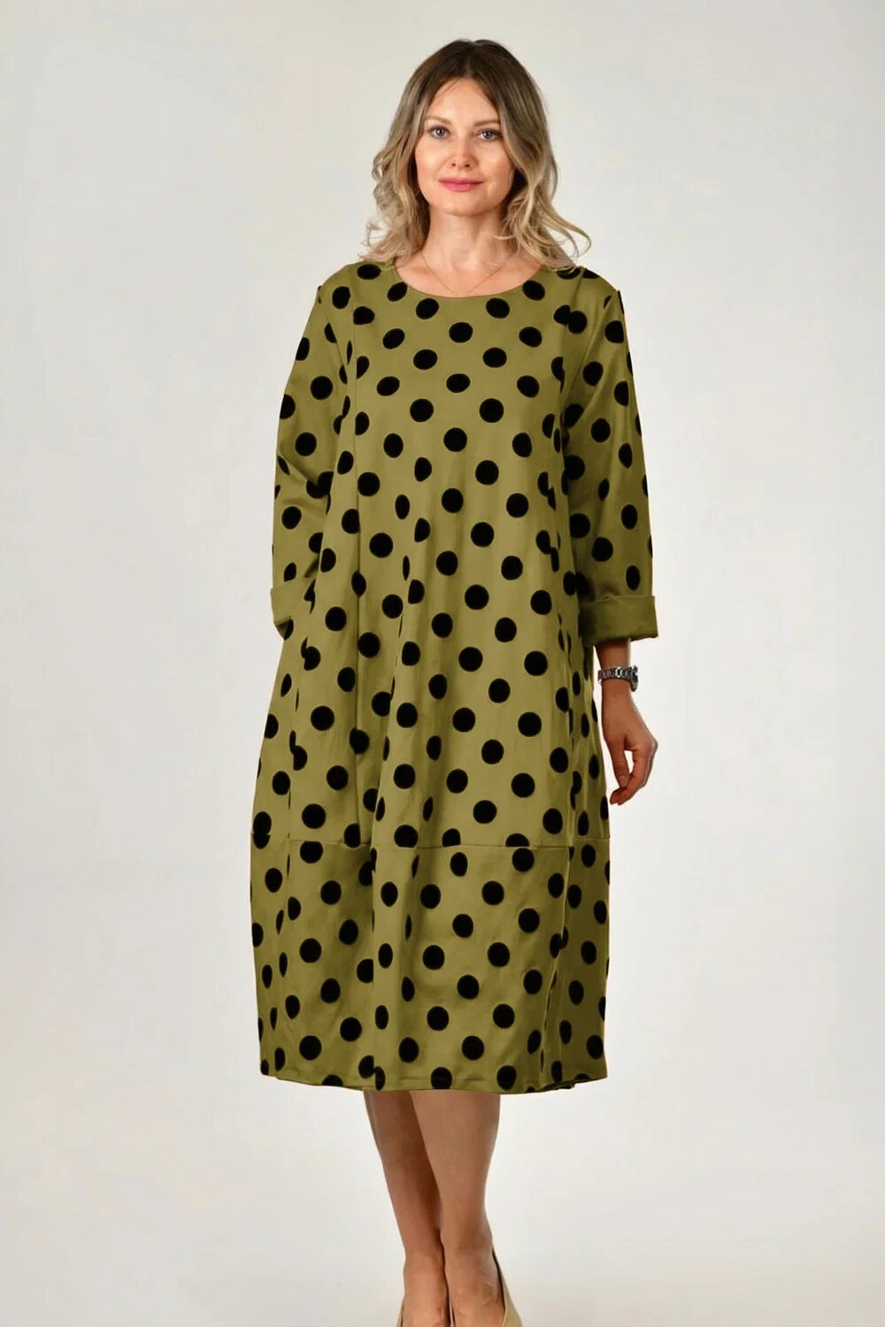 158C Rochie lalea verde cu buline embosate catifelate si croi lejer din vascoza