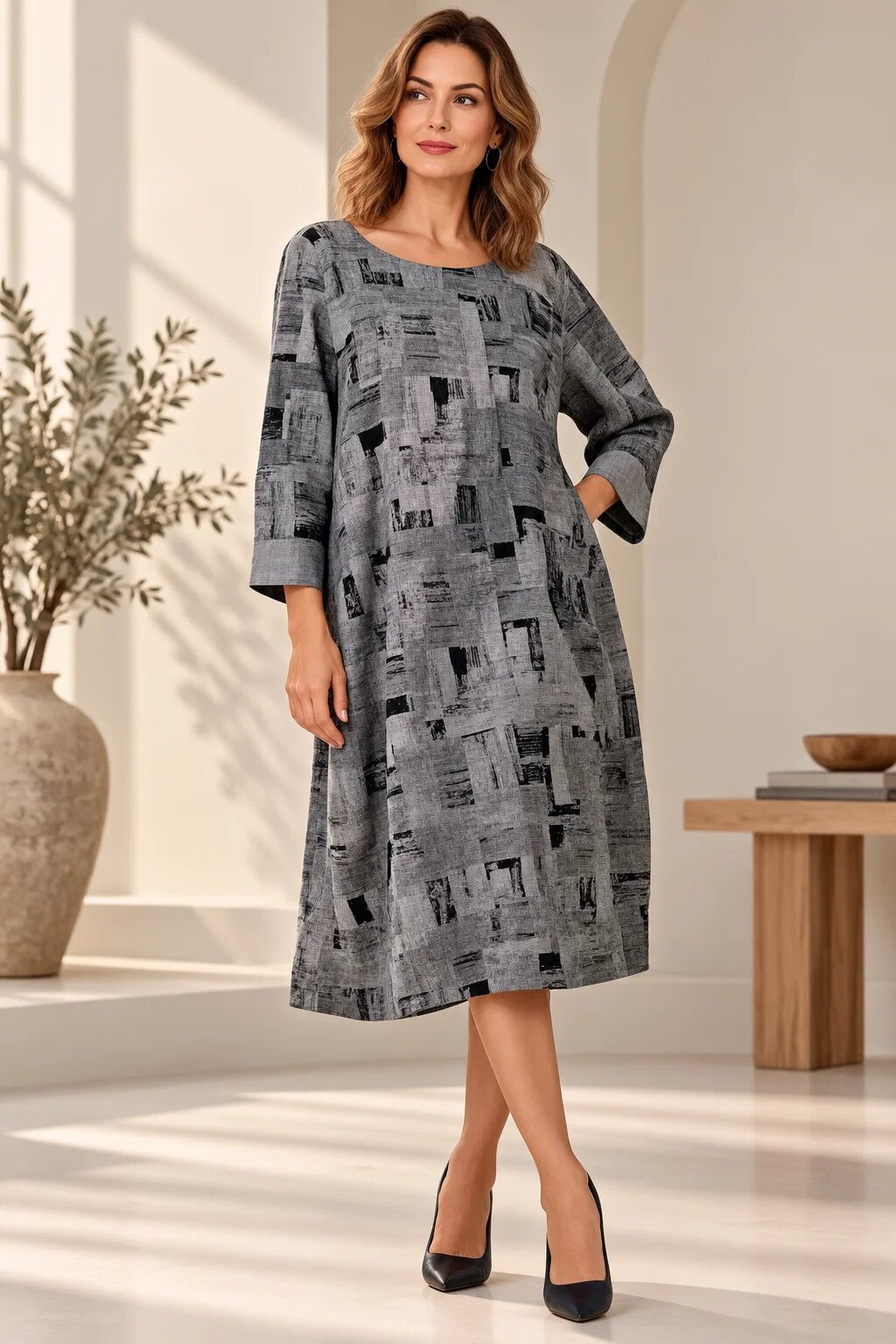 158C Rochie midi casual alb negru cu imprimeu artistic abstract si croi lejer