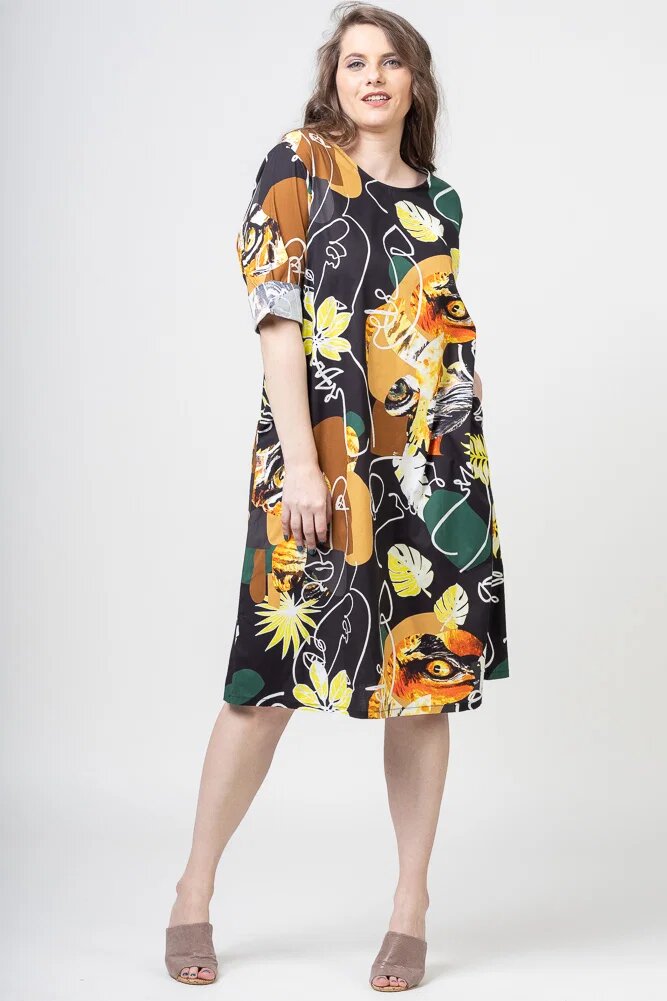 158C Rochie midi din bumbac cu imprimeu abstract pe fond negru