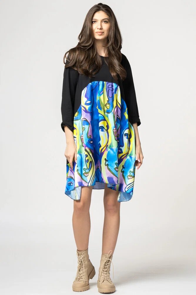 70 Degrees Rochie trendy cu imprimeu chipuri predominant albastru electric din bumbac