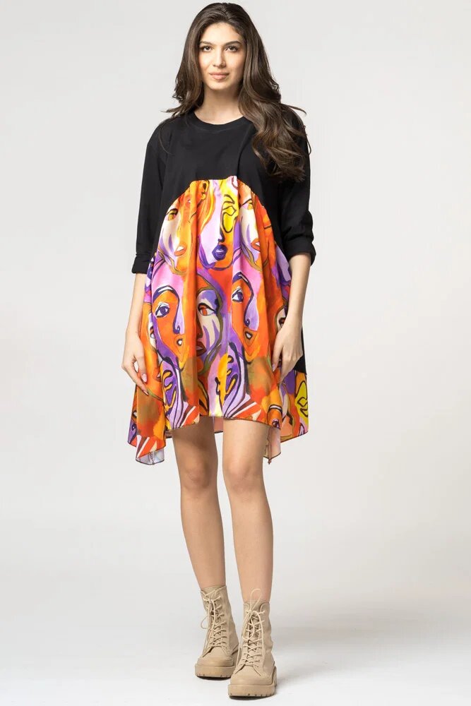 70 Degrees Rochie trendy cu imprimeu chipuri predominant portocaliu din bumbac
