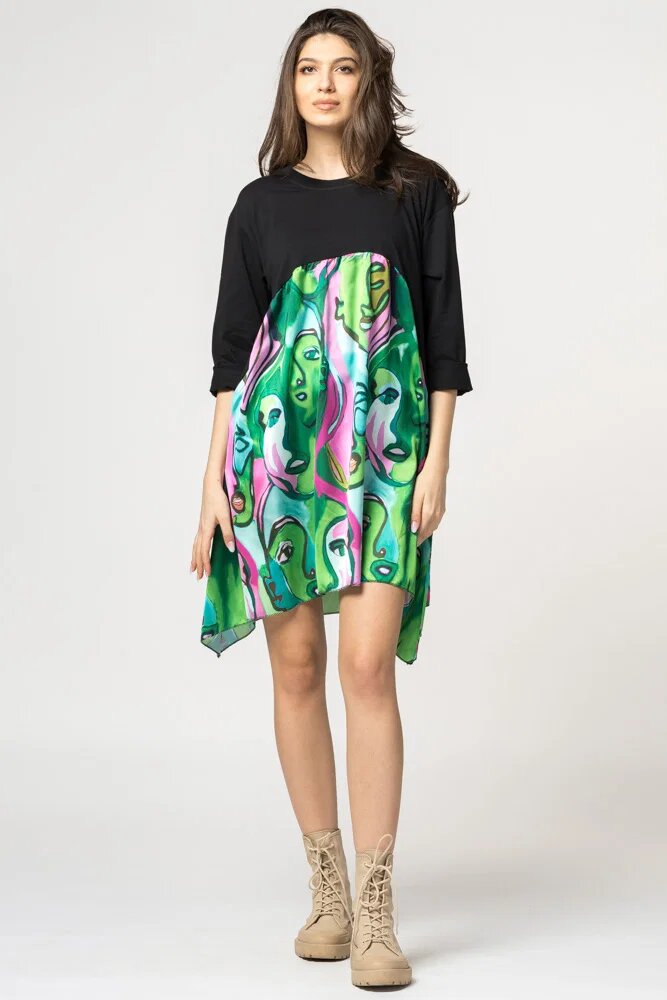 70 Degrees Rochie trendy cu imprimeu chipuri predominant verde din bumbac