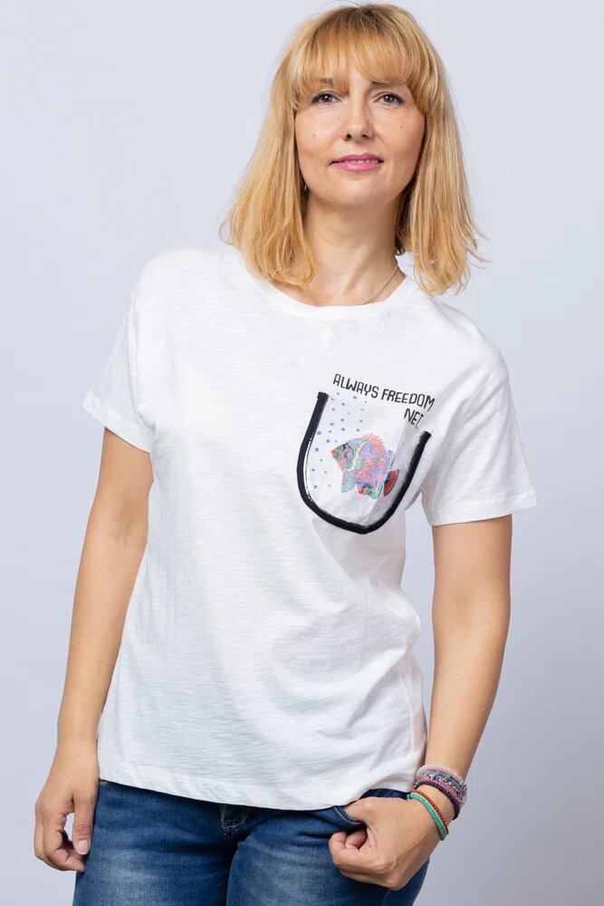 Bebe Plus Tricou alb ALWAYS FREEDOM cu pestisor la buzunarul de pe bust din bumbac