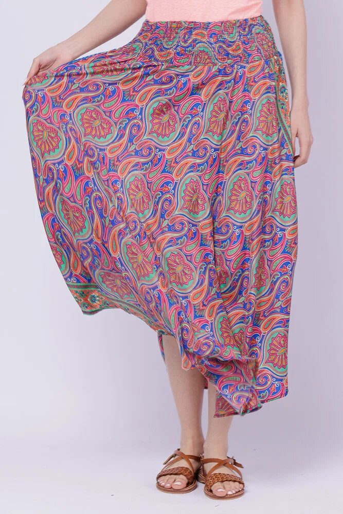 Boho Fashion Fusta ampla din matase indiana cu flori roz si fucsia pe fond albastru