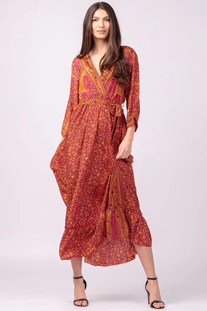 Boho Fashion Rochie cu bust petrecut din matase indiana cu imprimeu oriental portocaliu-fucsia