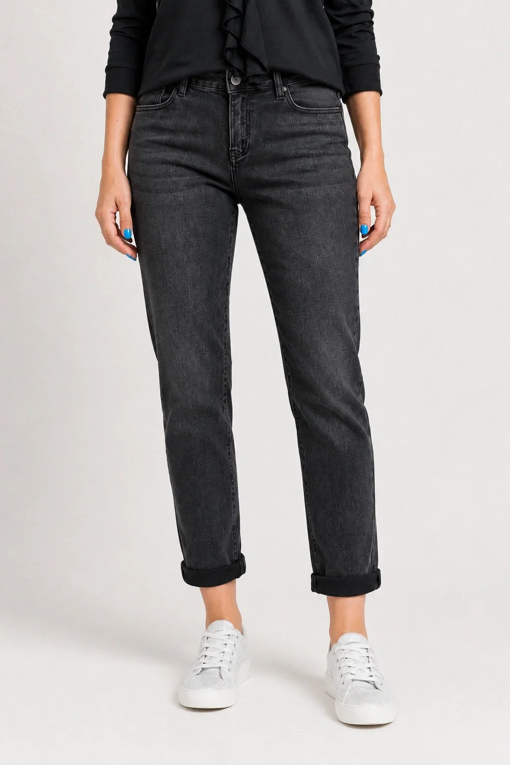 CUDI Blugi dama Mom Fit cu talie medie si aspect prespalat - negru
