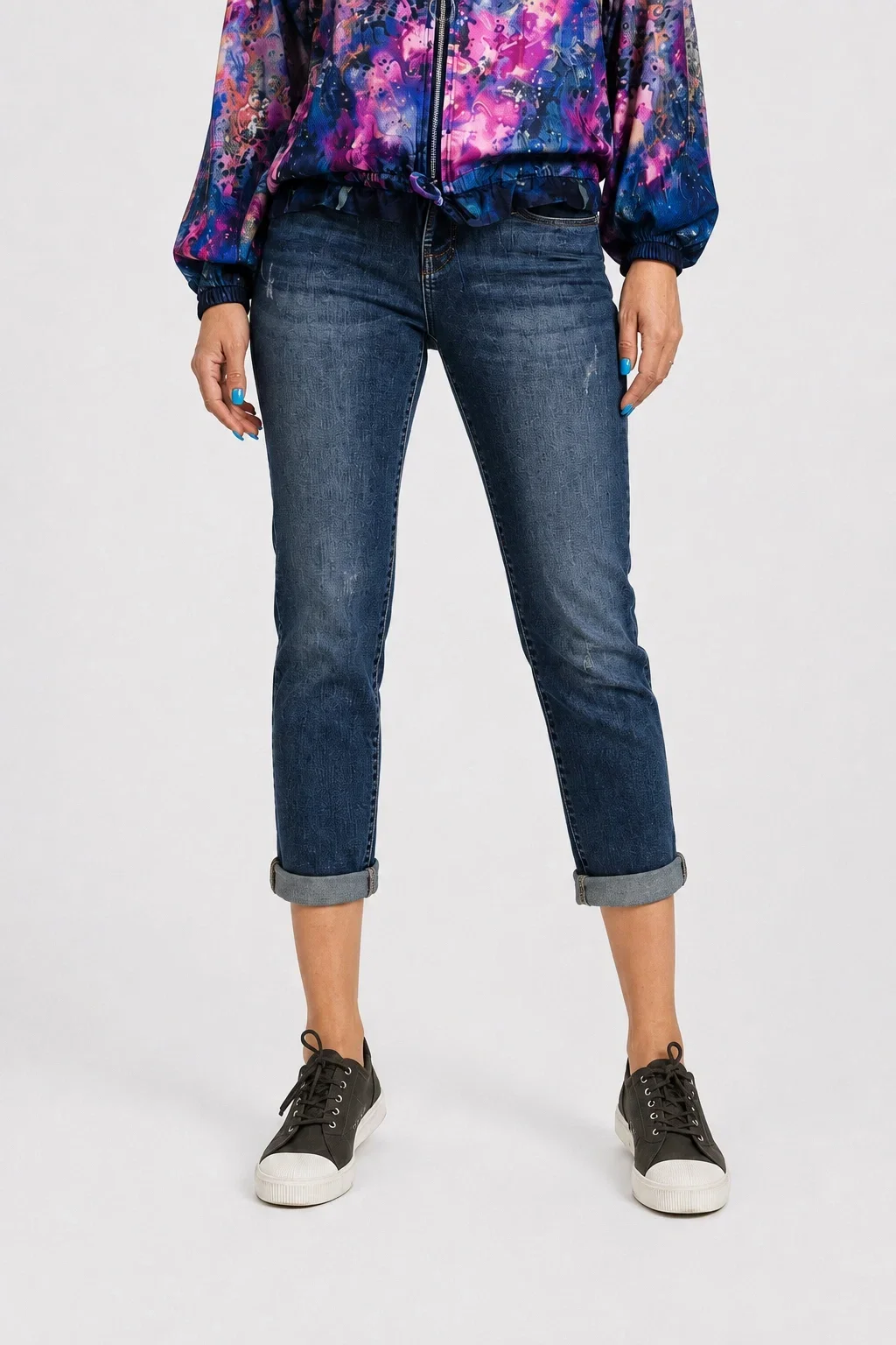 CUDI Blugi dama slim fit cu aspect prespalat si efect vintage - albastru