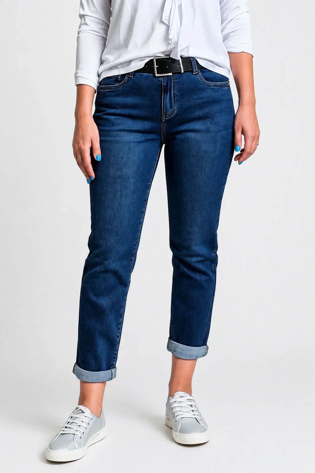 CUDI Blugi dama slim fit cu talie medie si aspect prespalat - albastru