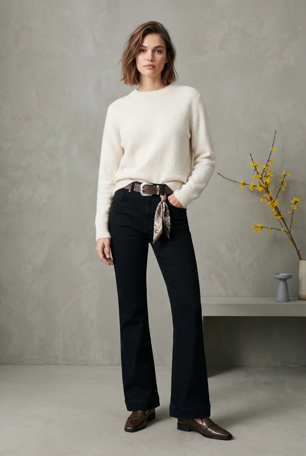 CUDI Pantaloni jeans negri croiala evazata flare cu curea maro cu satin inclusa