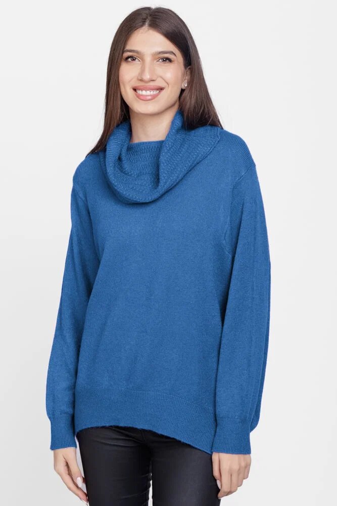 Flex Moda Pulover cu guler inalt elegant din vascoza si lana albastru