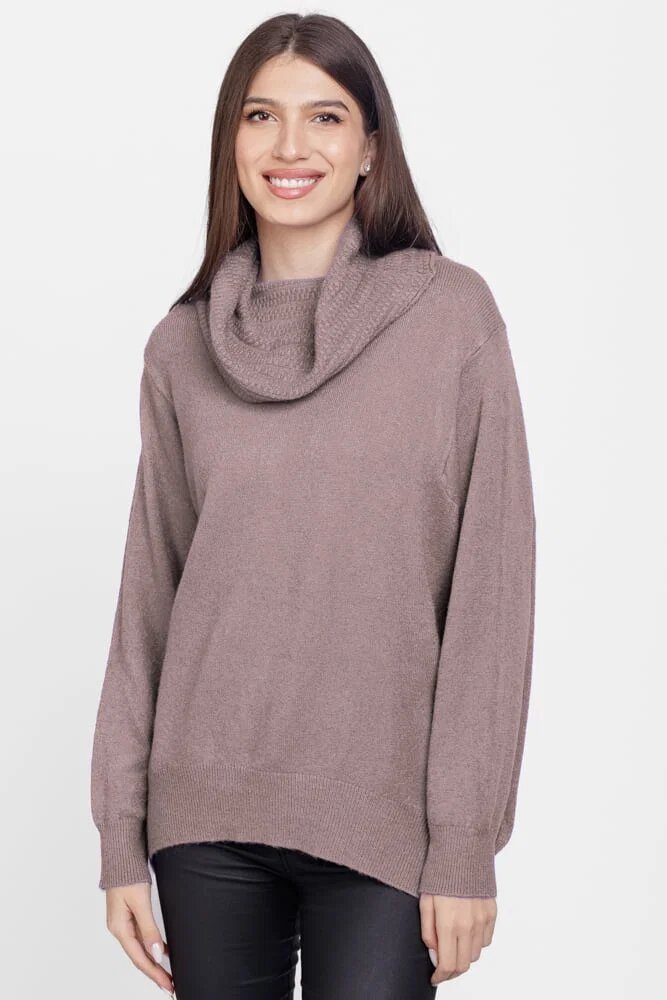 Flex Moda Pulover cu guler inalt elegant din vascoza si lana bej inchis