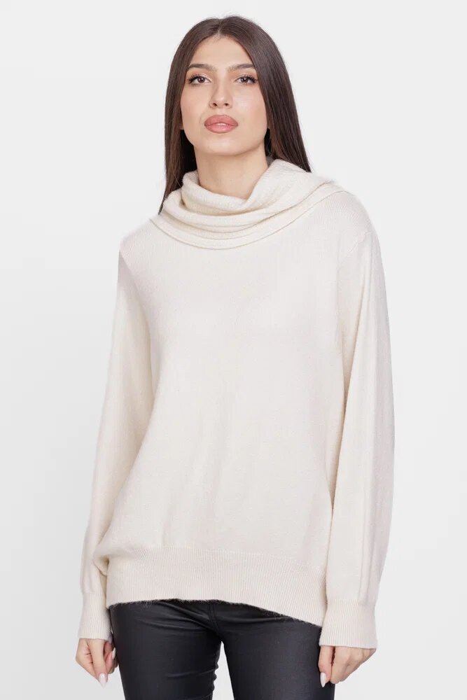Flex Moda Pulover cu guler inalt elegant din vascoza si lana ivoriu