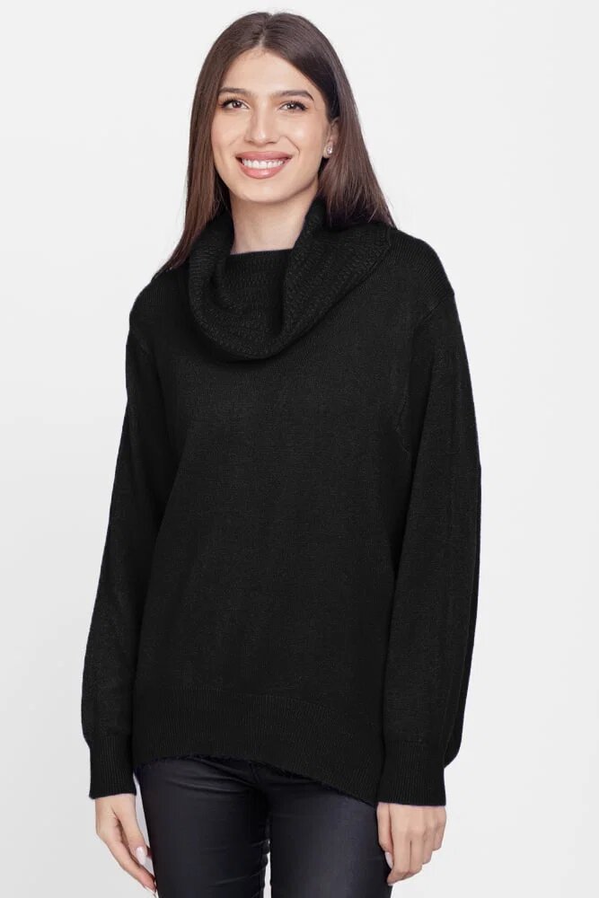 Flex Moda Pulover cu guler inalt elegant din vascoza si lana negru
