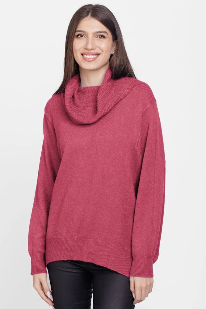 Flex Moda Pulover cu guler inalt elegant din vascoza si lana roz inchis