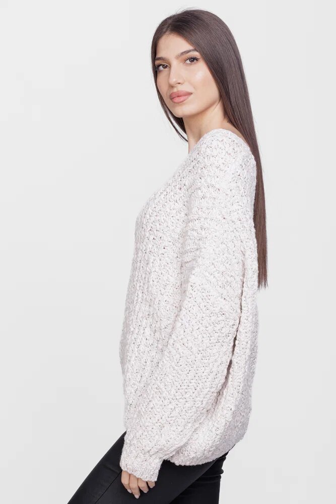 Flex Moda Pulover oversize cu ochiuri mari si decolteu in V ivoire